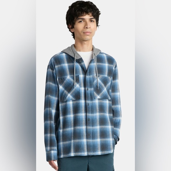 No Boundaries Other - No Boundaries Hooded Flannel Shirt Blue Plaid Oversized Cotton Mens Small NWT